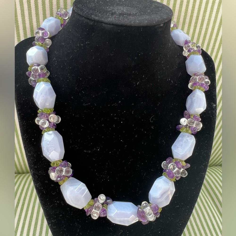 Blue Chalcedony, Peridot, and Amethyst Necklace